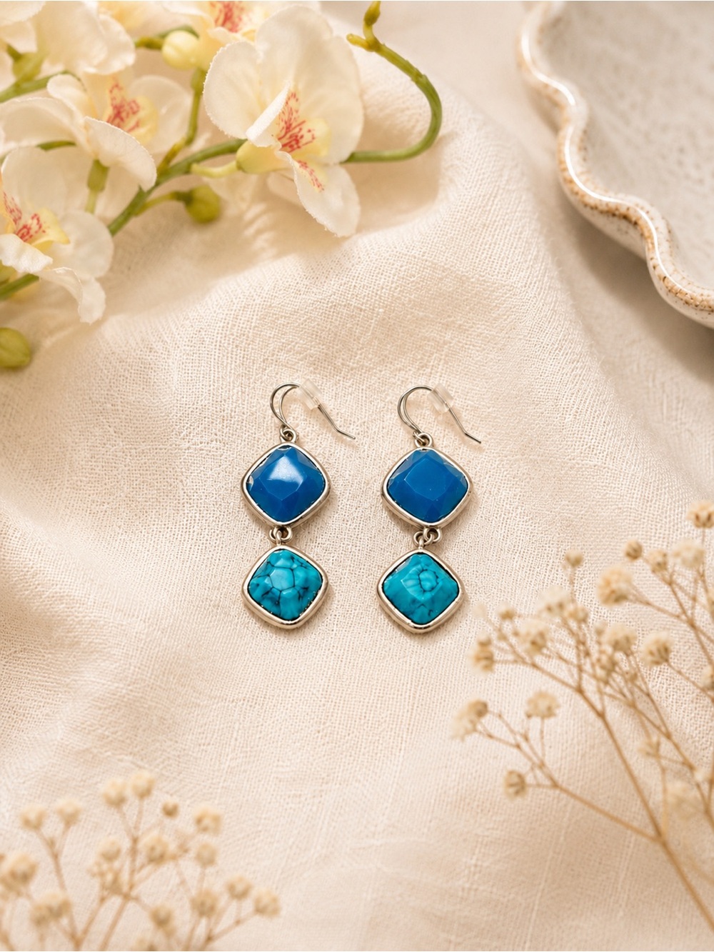 Blue Turquoise Double Drop Dangle Earrings Silver Tone Geometric Statement